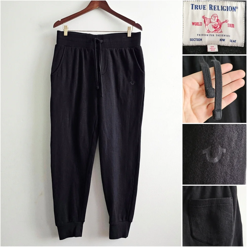 True Religion Shine Jogger Sweatpants Black Cotton Blend Logo Lounge Athletic S